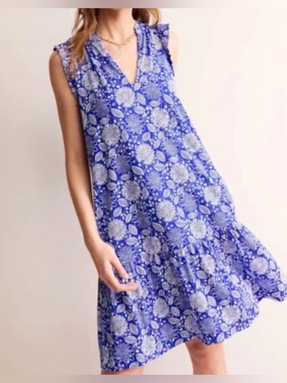 Boden Blue White Floral Ruffle Sleeve Dress Womens US 2R